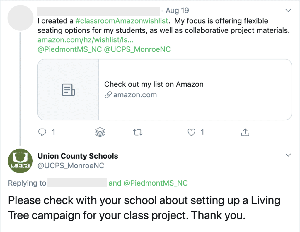 Union County School District responds to an Amazon Wishlist link tweeted by a teacher, asking "Please check with your school about setting up a Livingtree campaign for your class project. Thank you."