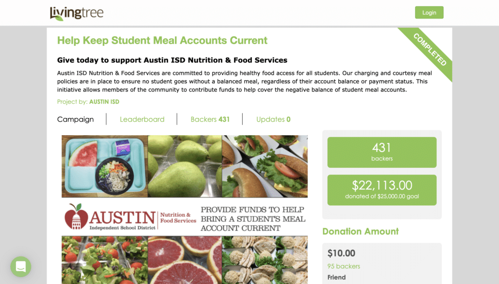 Austin ISD Livingtree Give Online Fundraiser to Help Keep Student Meal Accounts Active