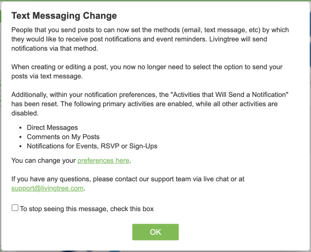 Livingtree SMS Text Messaging Enhancement Notification